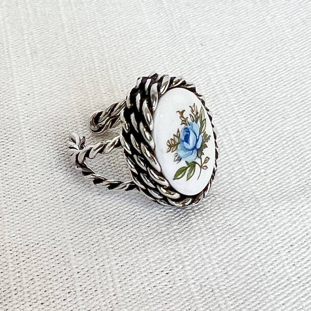 Sarah Coventry Ring Blue Rose Braided Rope Band Silver Tone Adjustable Cottage - Picture 6 of 9